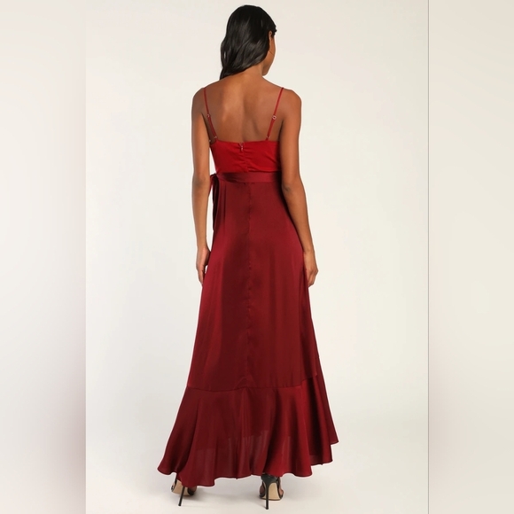 Lulus Double Darling Burgundy Color Block Satin Ruffled Maxi Dress S Wedding - Picture 5 of 12